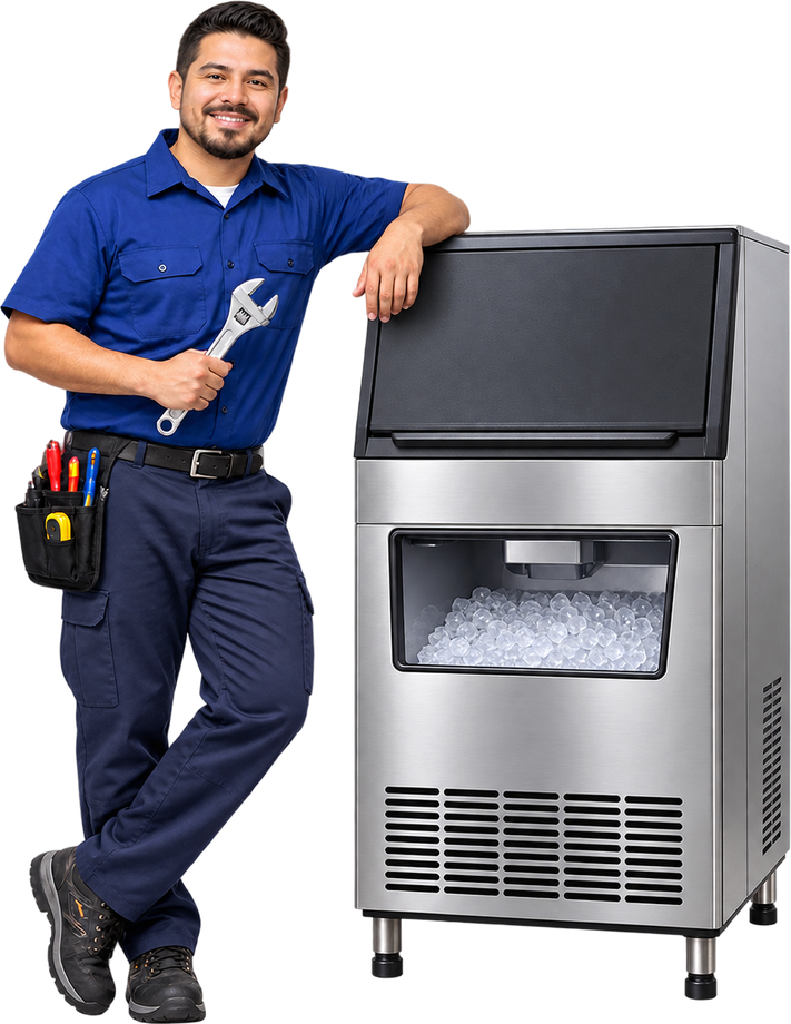 Técnico de servicio junto a una máquina de hielo