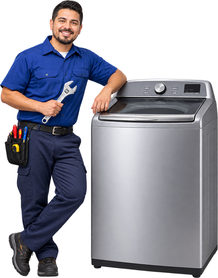 Técnico de servicio junto a una lavadora