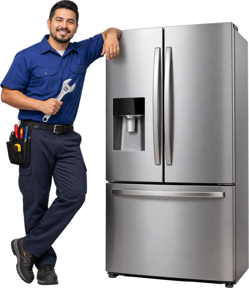 Técnico de servicio junto a una nevera